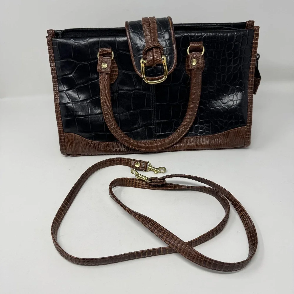 Crocodile Faux Leather‎ Satchel Handbag Womens Medium Black Top Handle Crossbody